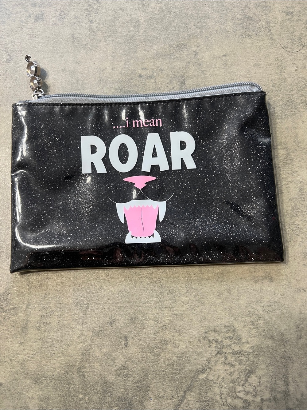 Black "ROAR" Glitter Zip Pouch with Pink Accent